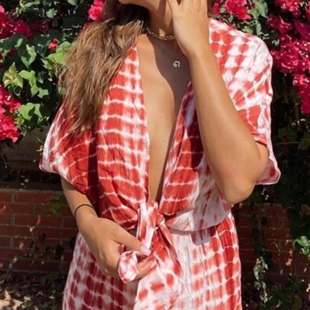 024 Bohemian Red Front tie Tie Dye wide leg Jumpsuit - Picture 4 of 7
